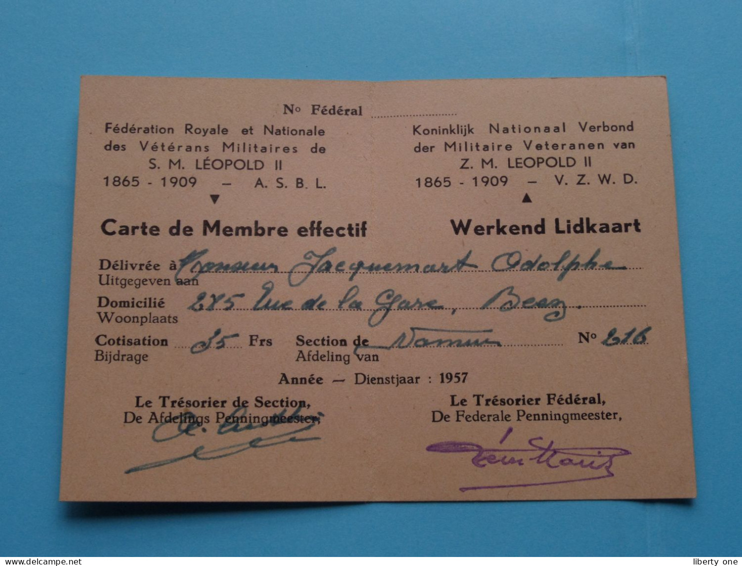 Féd. Royale & Nat. Des Vétérans Militaires De S. M. Léopold II 1865-1909 ( Zie / Voir Scans ) 1957 ( Membre Sect.216 ) ! - Membership Cards