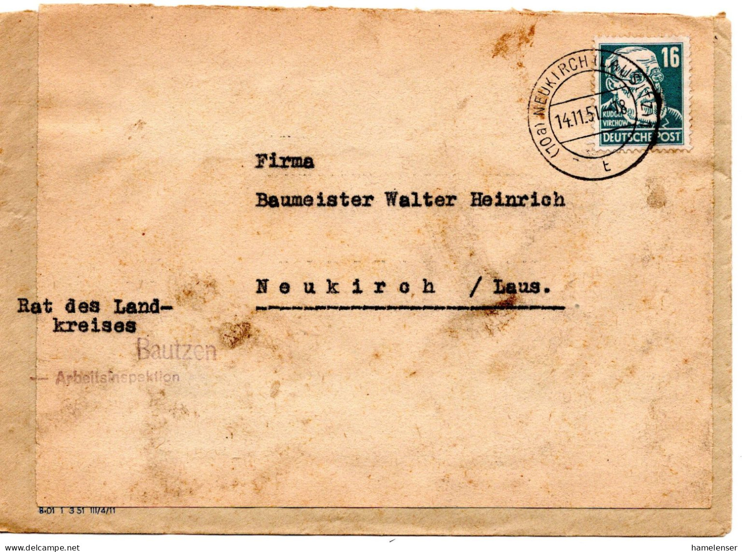 57843 - DDR - 1951 - 16Pfg Virchow EF A OrtsBf NEUKIRCH, Etw Fleckig - Briefe U. Dokumente