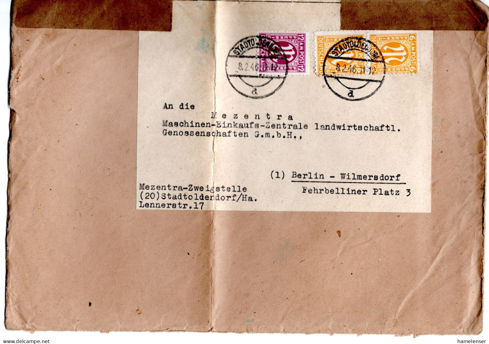 L57849 - Bizone - 1946 - 12Pfg  AM-Post MiF A Bf STADTOLDENDORF -> Berlin, Senkr Bug (Marken OK) - Sonstige & Ohne Zuordnung