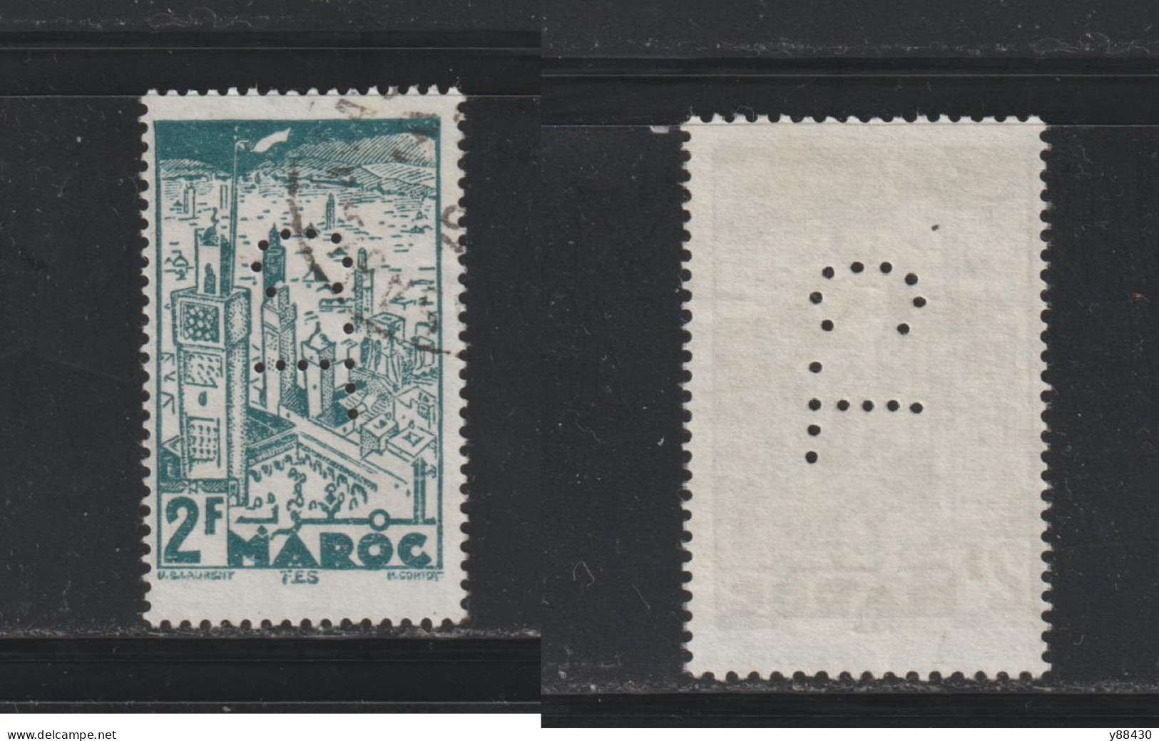 MAROC - 188 De 1939-42 - PERFORÉ.  C . L   -  FÈS . 2F. Vert-bleu - 3 Scan - Altri & Non Classificati
