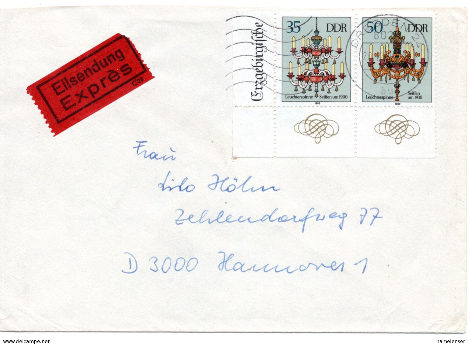 64982 - DDR - 1989 - 35+50Pfg Leuchter ZDr A EilBf DRESDEN -> HANNOVER (Westdeutschland) - Covers & Documents