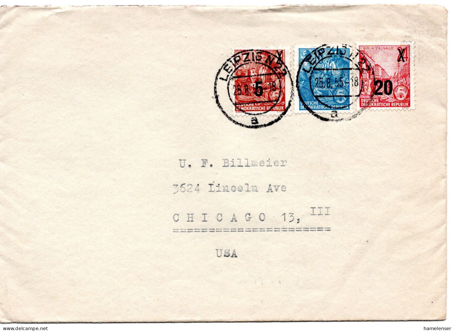 64983 - DDR - 1955 - 20/24Pfg Fuenfjahrplan MiF A Bf LEIPZIG -> Chicago, IL (USA), Rs Spendenmarken "Nationale Front" - Briefe U. Dokumente