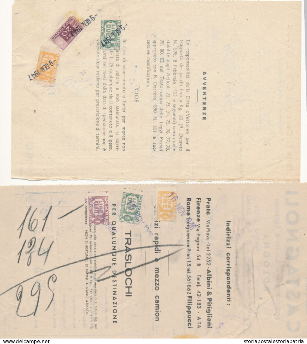 1946/47 precursori pacchi in concessione LOTTO DI 40 BOLLETTE CON PACCHI POSTALI IN USO CONCESSIONE