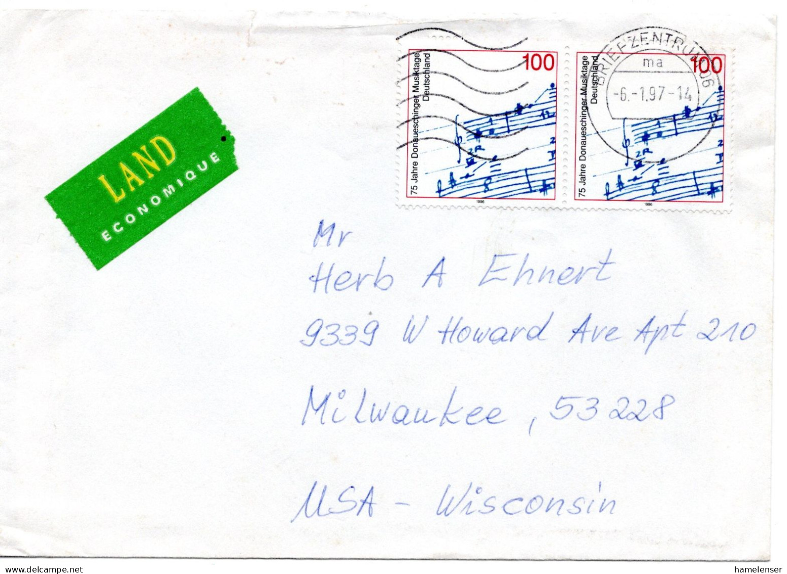 64990 - Bund - 1997 - 2@100Pfg Donaueschinger Musiktage A Bf BRIEFZENTRUM 06 -> Milwaukee, WI (USA) - Music