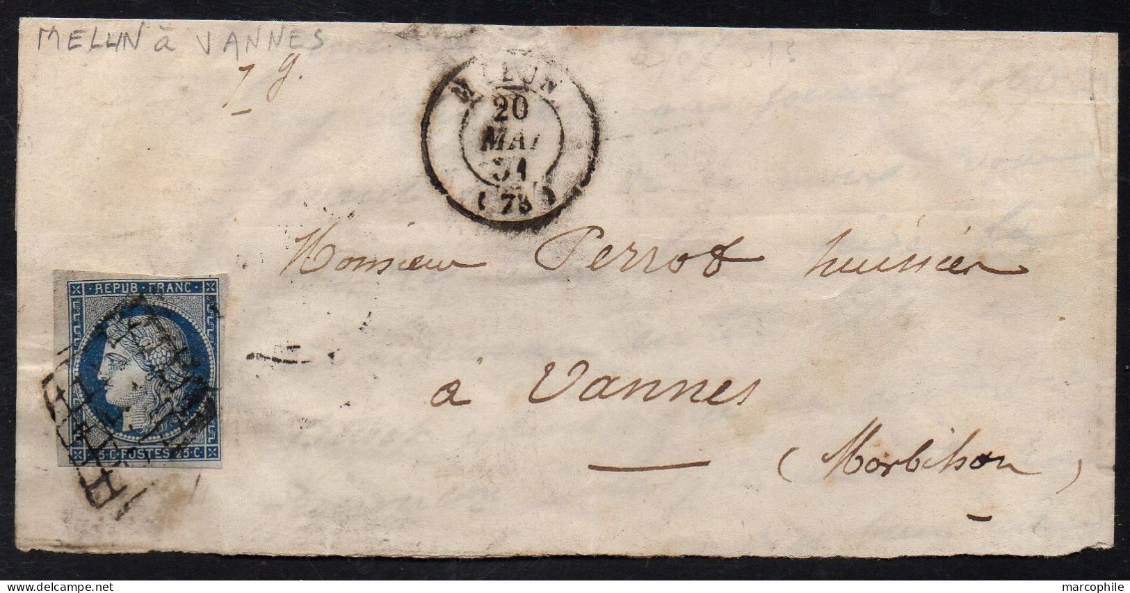 FRANCE - MELUN - SEINE & MARNE /20-5-1851 - CERES 25 C. BLEU SUR DEVANT  POUR VANNES /COTE 90.00 EUROS (ref 9188) - 1849-1850 Ceres