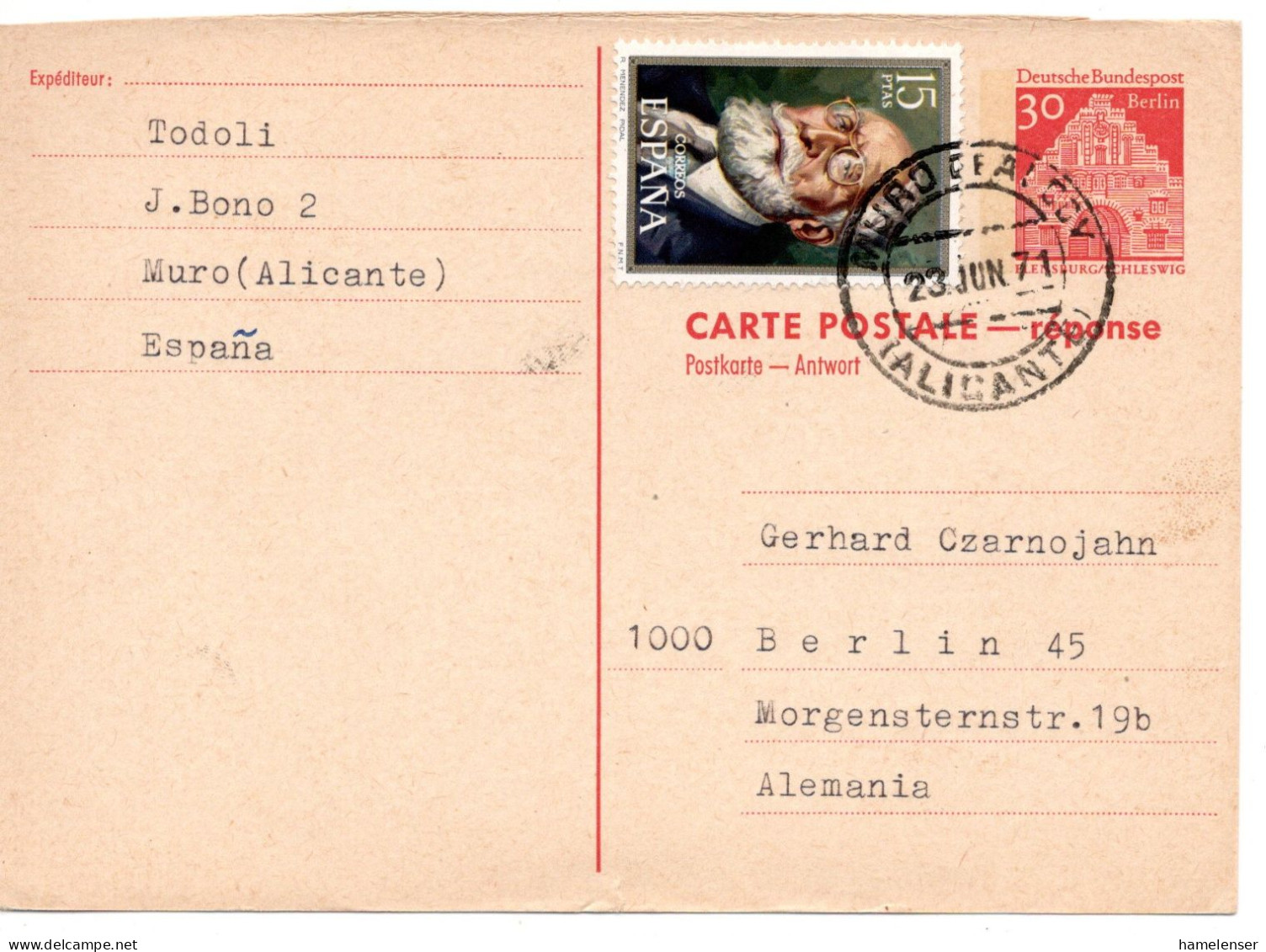 64993 - Berlin - 1971 - 30Pfg Gr.Bauten GAAntwortKte (Antwortteil) M ZusFrankatur MURO (Spanien) -> Berlin - Storia Postale