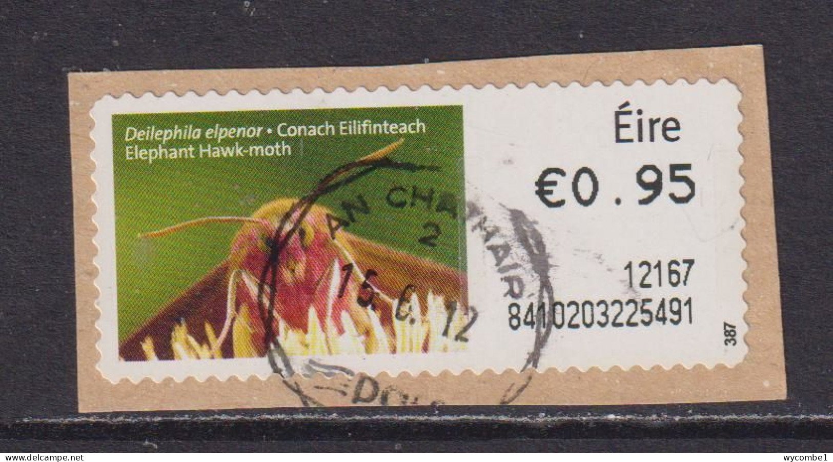 IRELAND  -  2011 Elephant Hawk Moth SOAR (Stamp On A Roll)  Used On Piece As Scan - Oblitérés