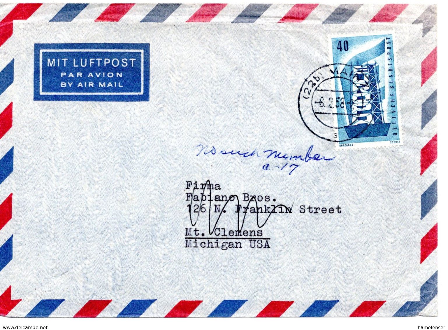 64999 - Bund - 1958 - 40Pfg CEPT '56 EF A LpDrucksBf MAINZ -> Mt.Clemens, MI (USA) - 1956