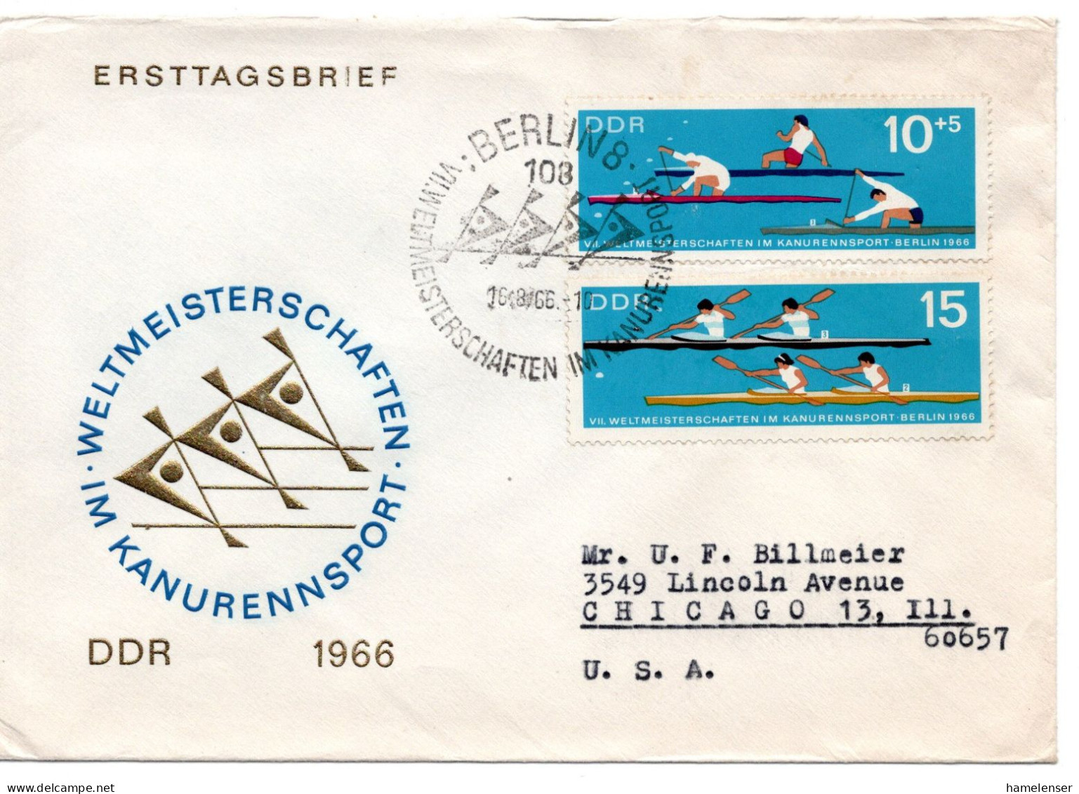 65000 - DDR - 1966 - Kanu-WM Satz A FDC BERLIN - VII.WELTMEISTERSCHAFTEN ... -> Chicago, IL (USA) - Kano