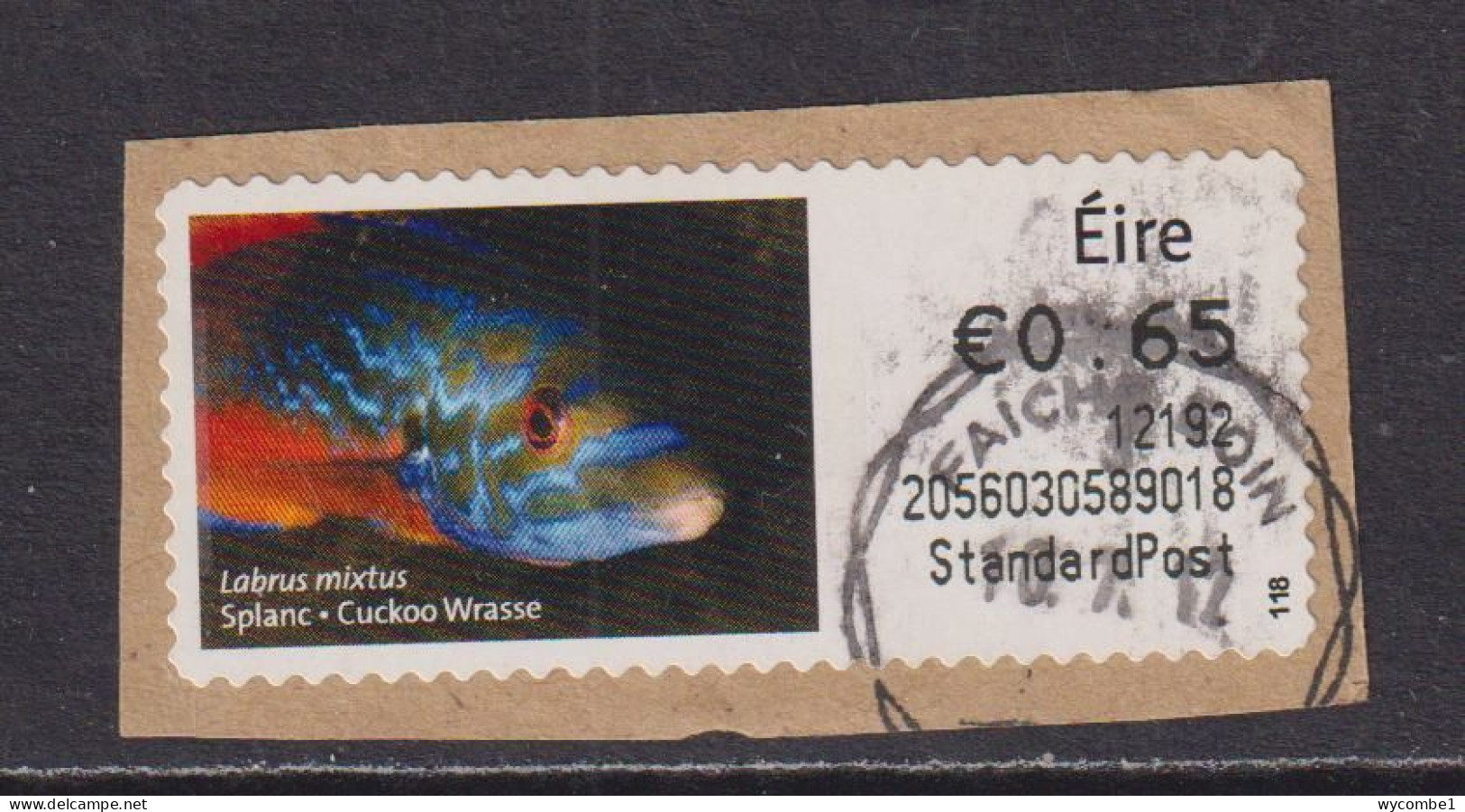 IRELAND  -  2011 Cuckoo Wrasse SOAR (Stamp On A Roll)  Used On Piece As Scan - Used Stamps