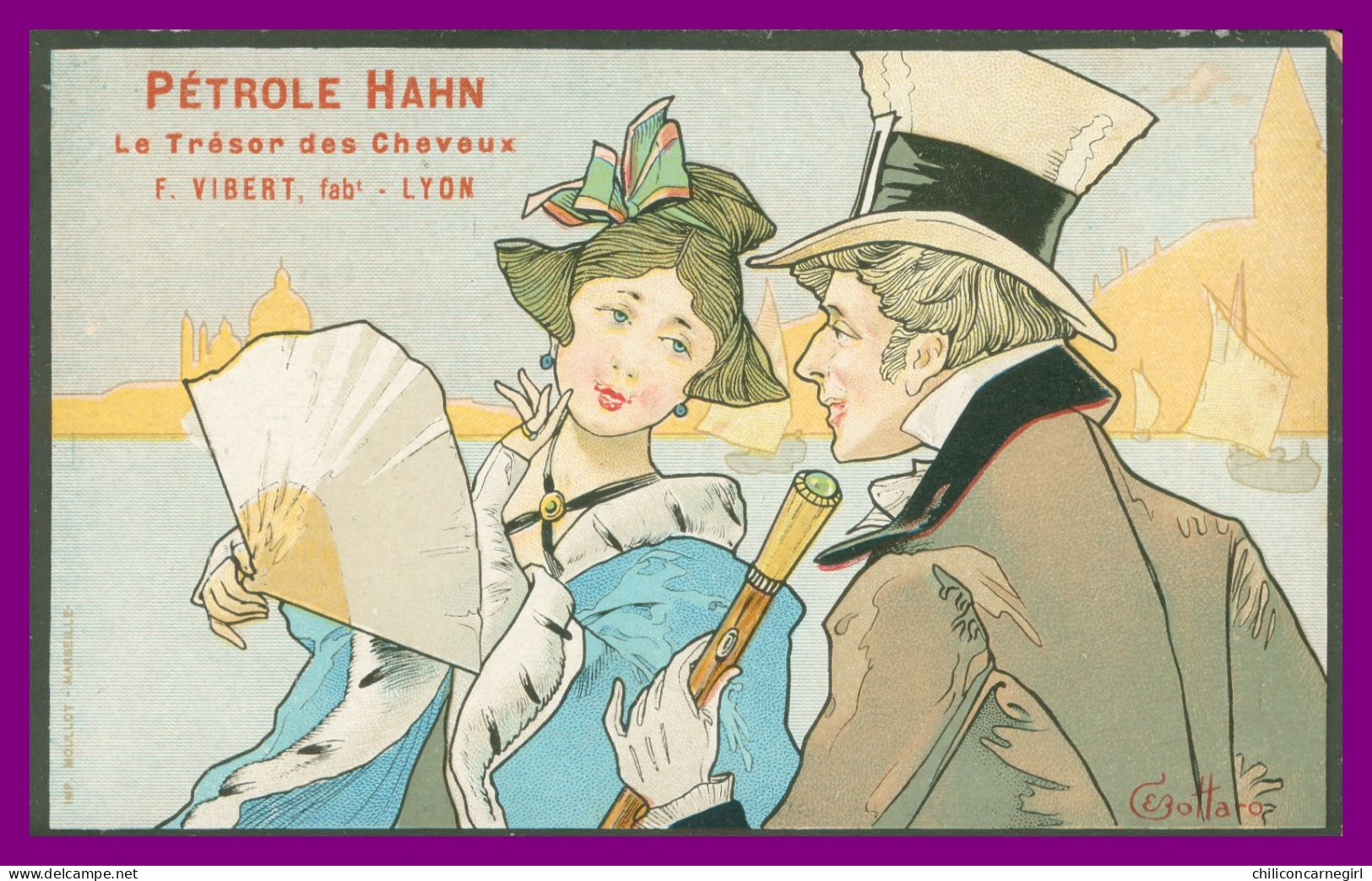 * BOTTARO - Couple - Art Nouveau - Pub Pétrole Hahn - Mode - Vibert Lyon - A Hair Treasure Is Found In Hahn's Petroleum - Bottaro