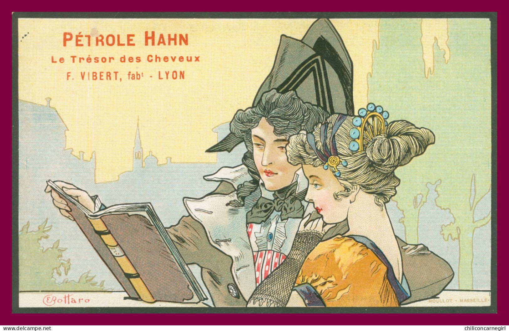 * BOTTARO - Couple - Art Nouveau - Pub Pétrole Hahn - Mode - Vibert Lyon - A Hair Treasure Is Found In Hahn's Petroleum - Bottaro