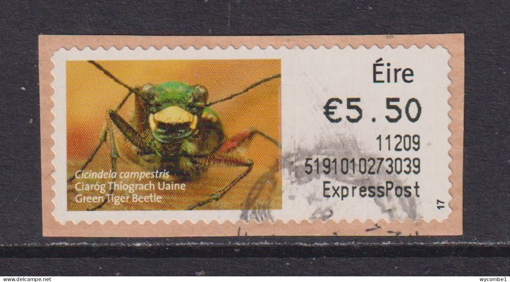 IRELAND  -  2010 Green Tiger Beetle SOAR (Stamp On A Roll)  Used On Piece As Scan - Used Stamps