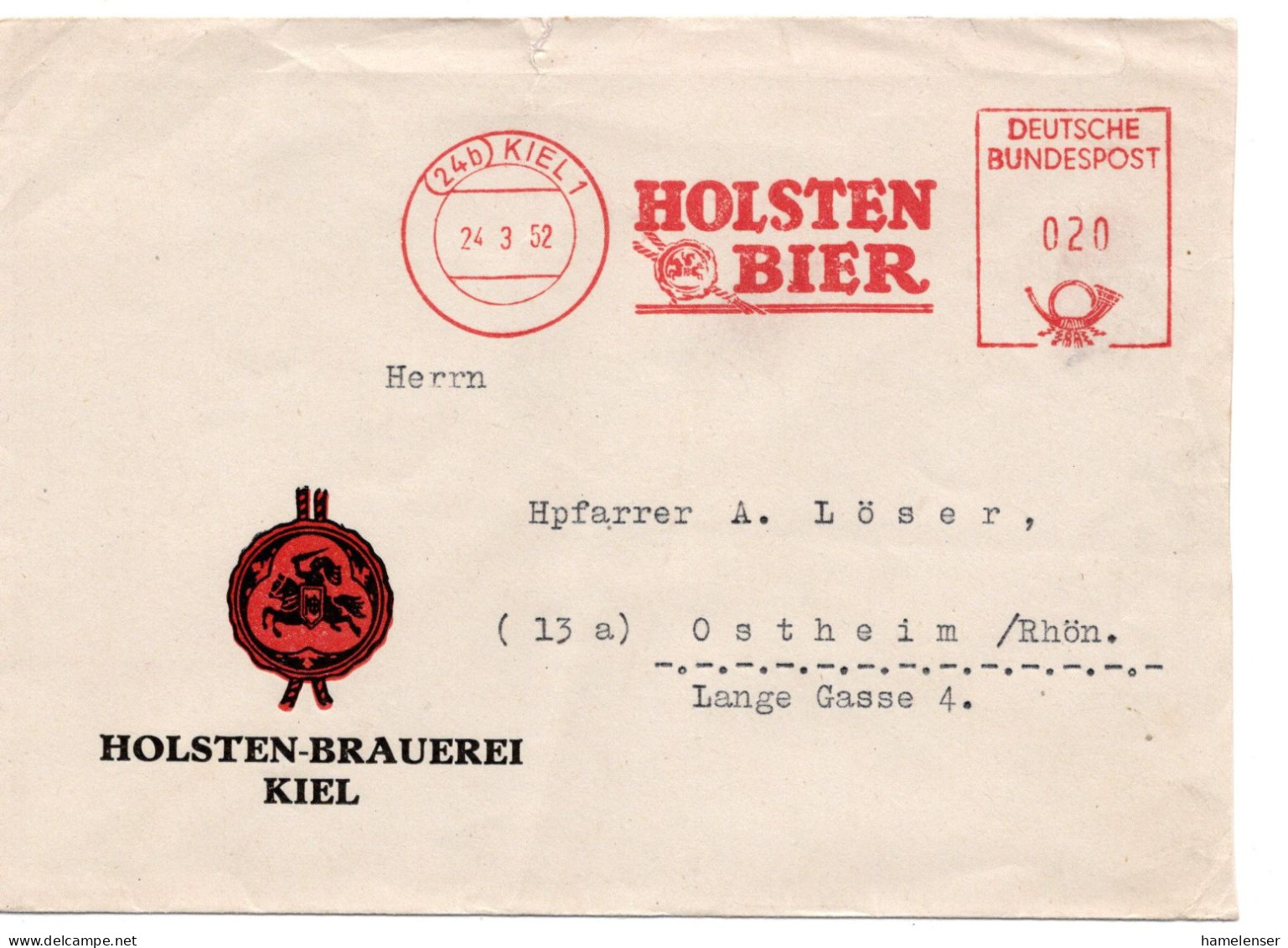 65016 - Bund - 1952 - 20Pfg AbsFreistpl KIEL - HOLSTEN BIER A Bf -> Ostheim, Rs "Helgoland Ruft!"-Aufkleber - Bières