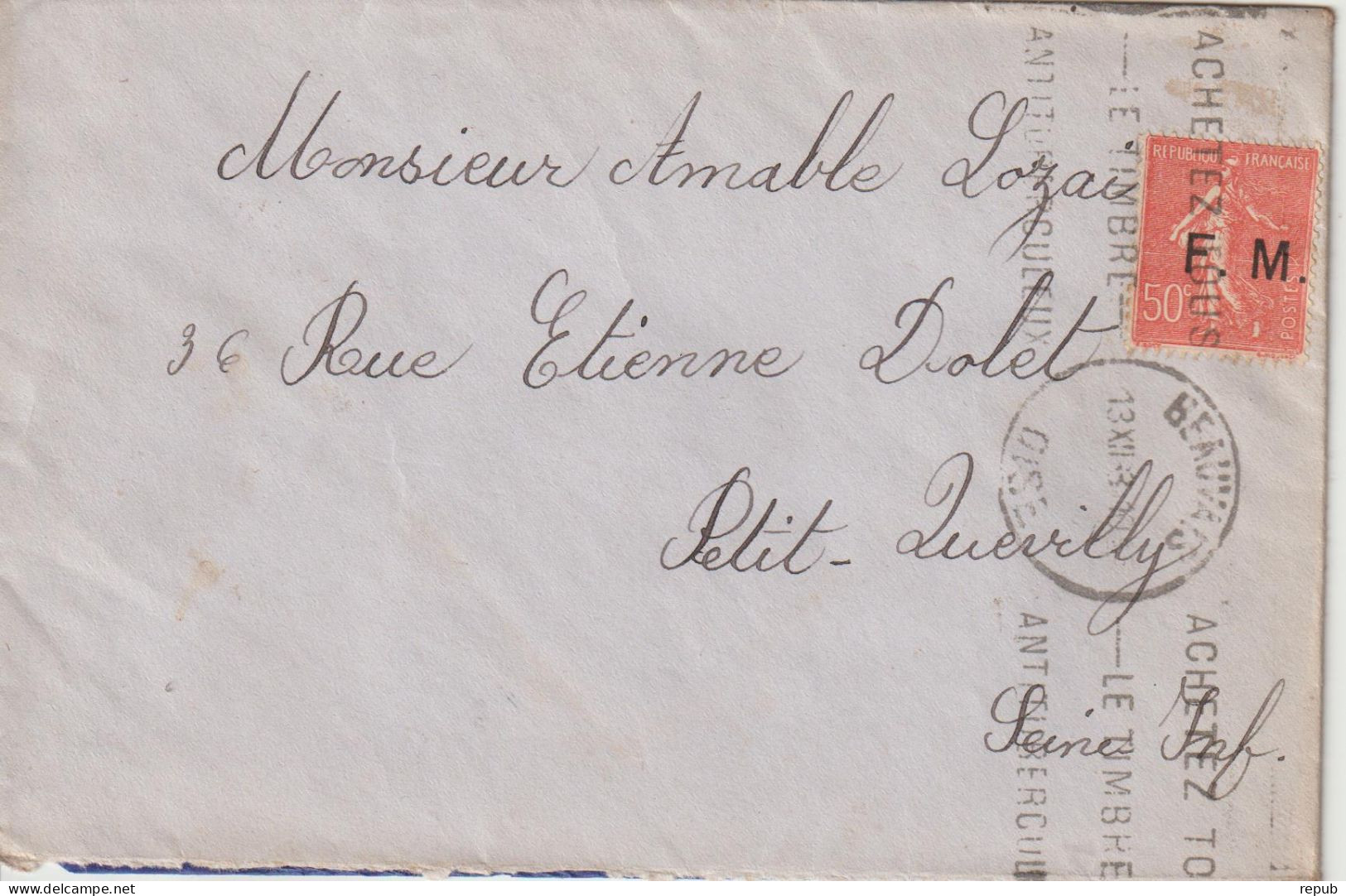 Lettre En Franchise FM 6 Oblitération 1933 Beauvais - Militaire Zegels