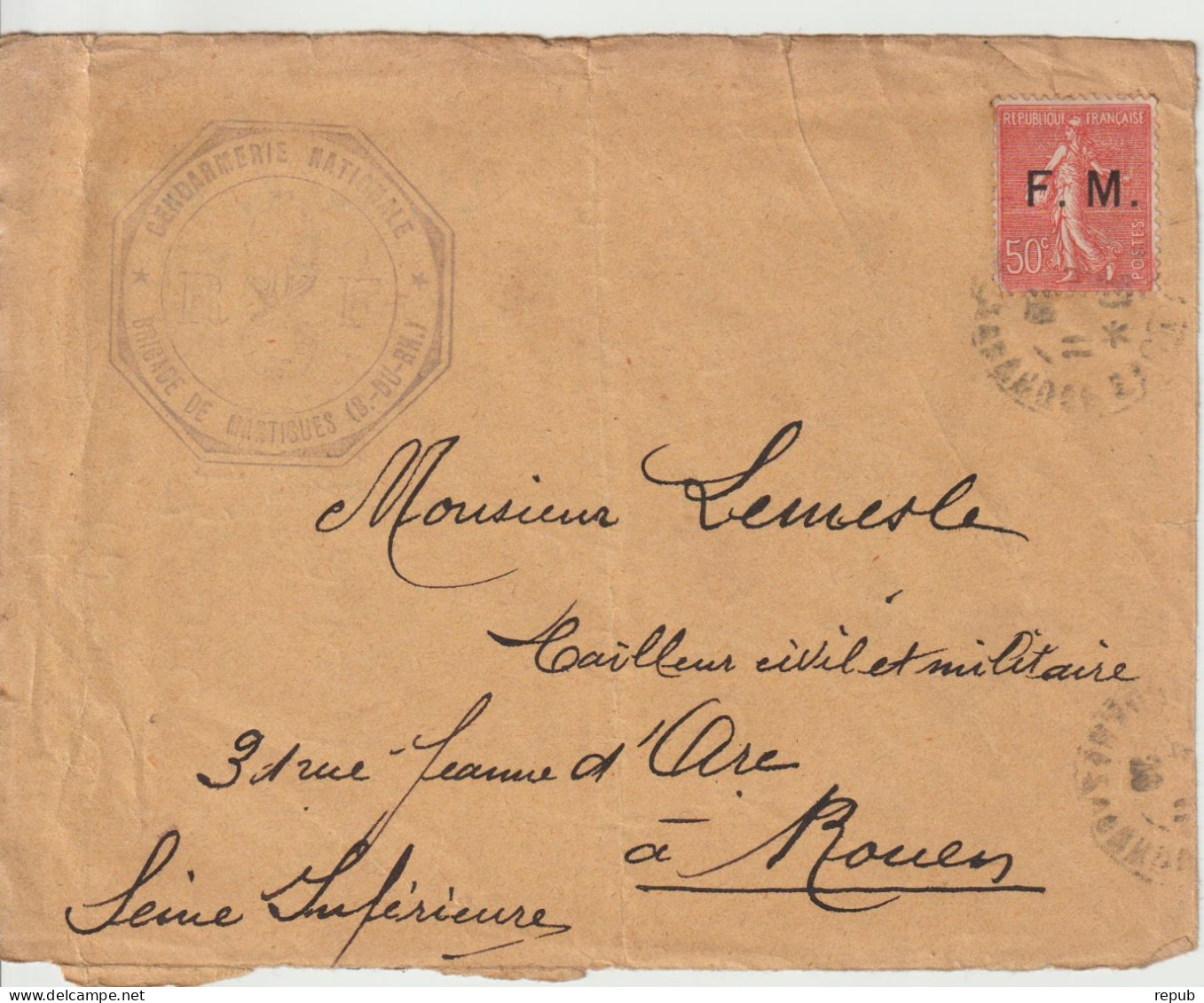 Lettre En Franchise Gendarmerie FM 6 Oblitération 1933 Martigues (devant D'enveloppe) - Timbres De Franchise Militaire