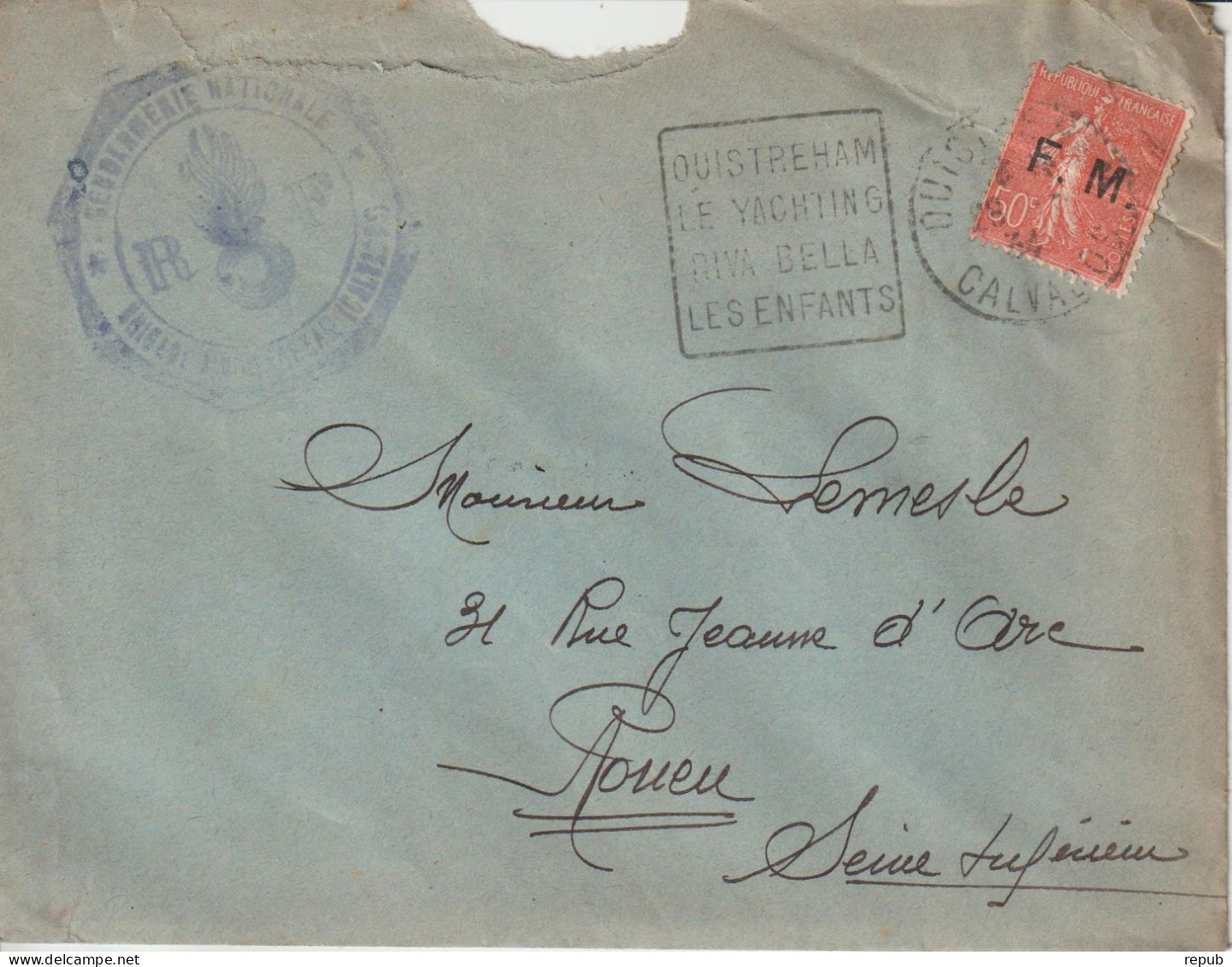 Lettre En Franchise Gendarmerie FM 6 Oblitération 1934 Ouistreham (état Voir Scan) - Militaire Zegels