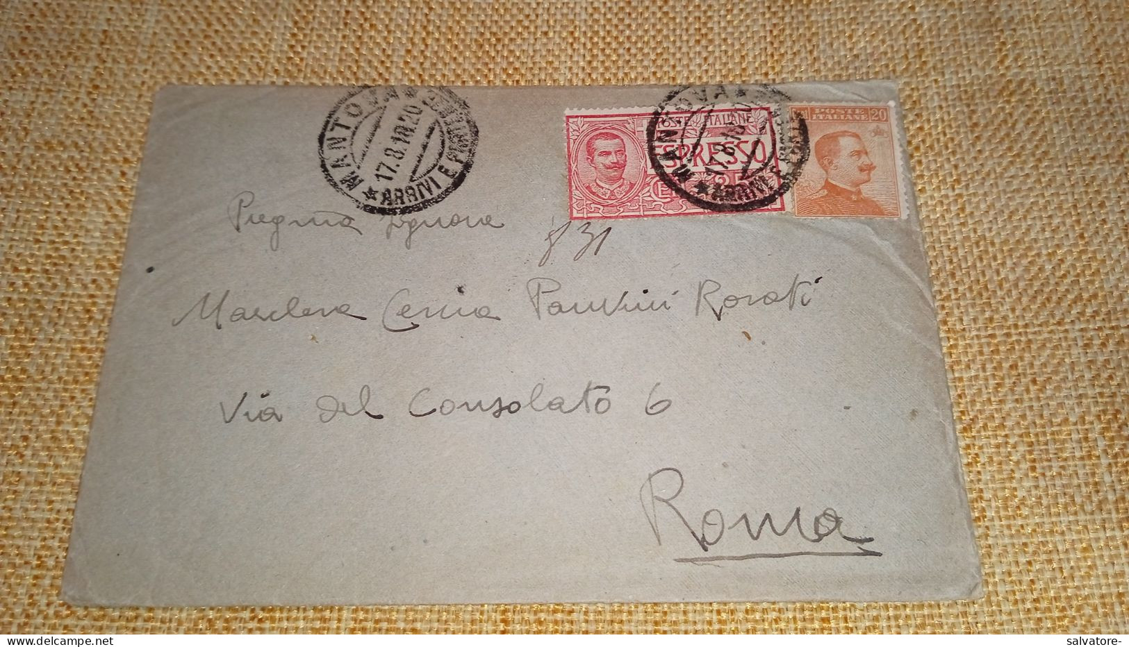 LETTERA CON ESPRESSO 25 CENTESIMI + 20 CON ANNULLO SUL RETRO POSTA PNEUMATICA ROMA 1918 - Pneumatic Mail