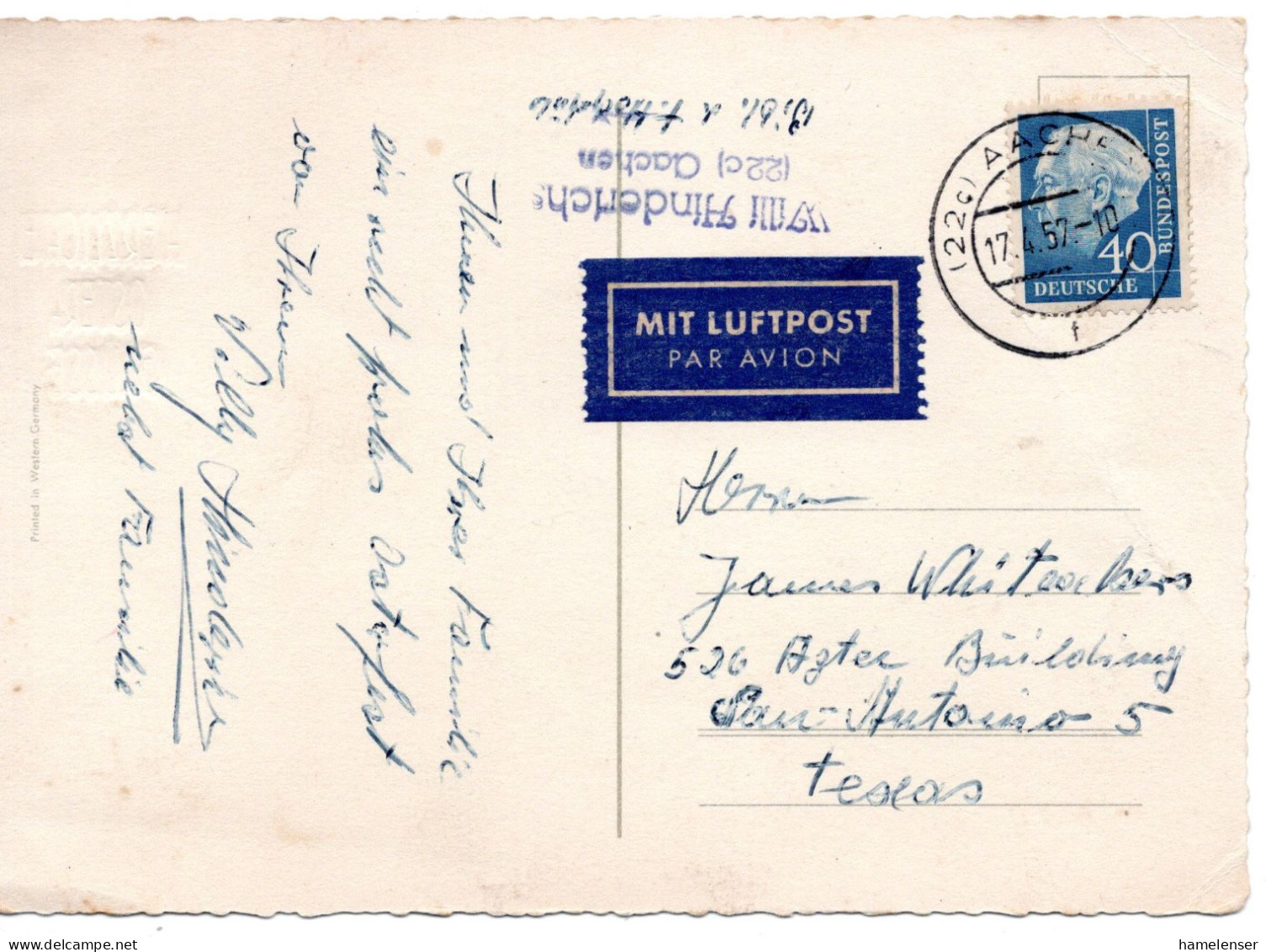 65022 - Bund - 1957 - 40Pfg Heuss II EF A LpAnsKte AACHEN -> San Antonio, TX (USA) - Cartas & Documentos