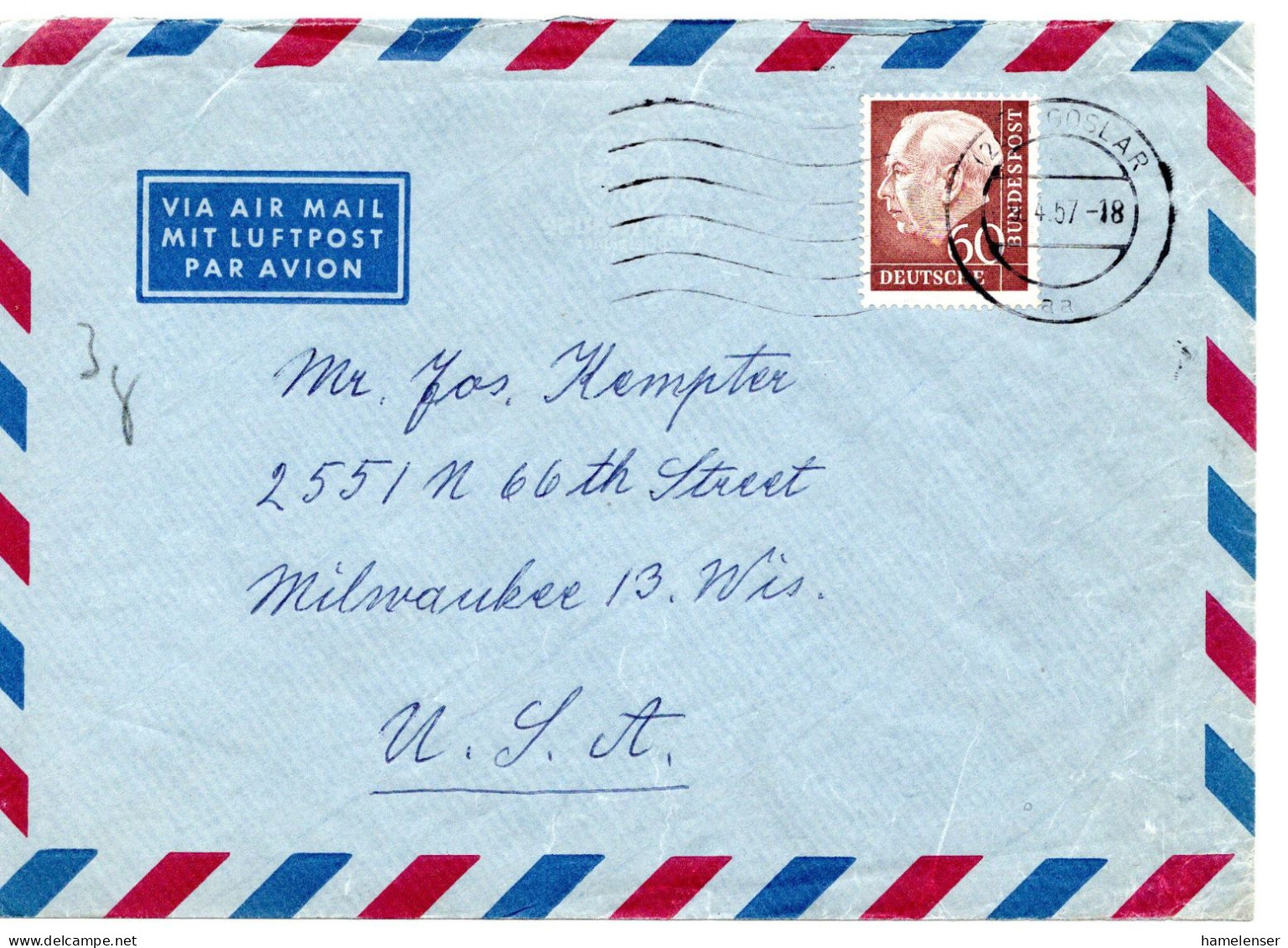 65032 - Bund - 1957 - 60Pfg Heuss I A LpBf GOSLAR -> Milwaukee, WI (USA) - Cartas & Documentos