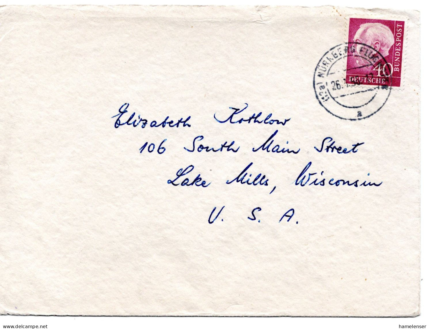 65033 - Bund - 1956 - 40Pfg Heuss I A Bf NUERNBERG -> Lake Mills, WI (USA) - Lettres & Documents