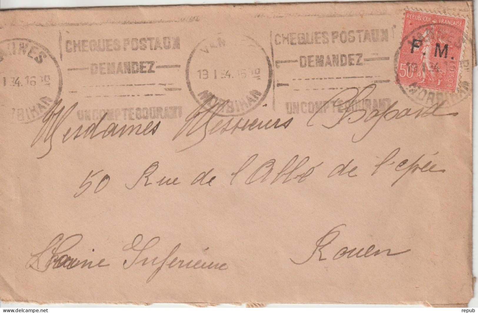 Lettre En Franchise FM 6 Oblitération 1934 Vannes - Sellos De Franquicias Militares