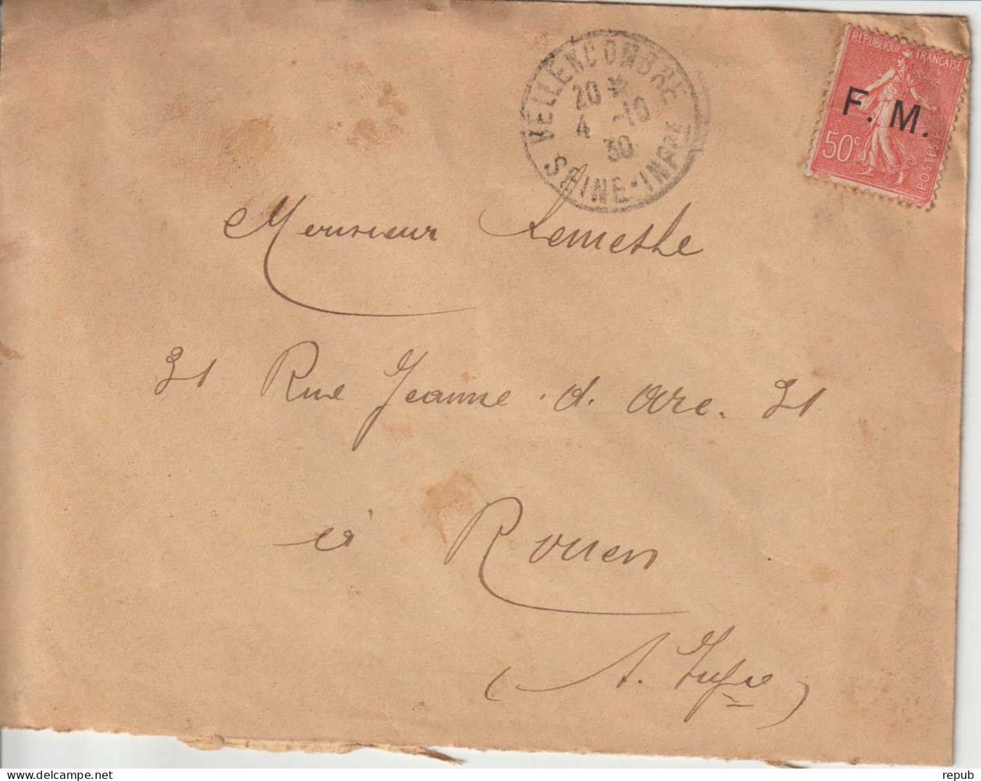 Lettre En Franchise FM 6 Oblitération 1930 Bellenconbre (76) - Military Postage Stamps