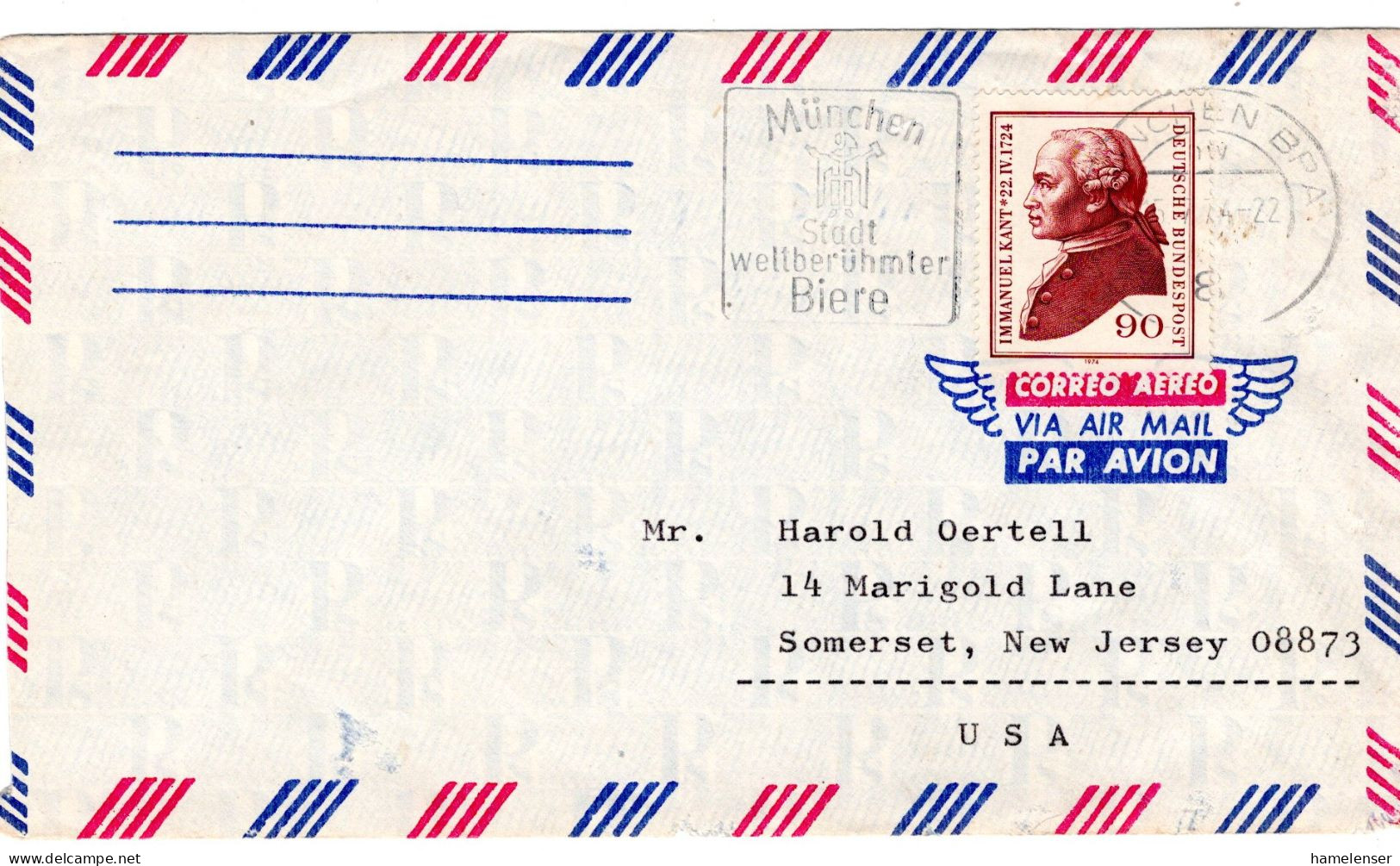 65041 - Bund - 1974 - 90Pfg Kant EF A LpBf MUENCHEN - ... -> Somerset, NJ (USA) - Lettres & Documents