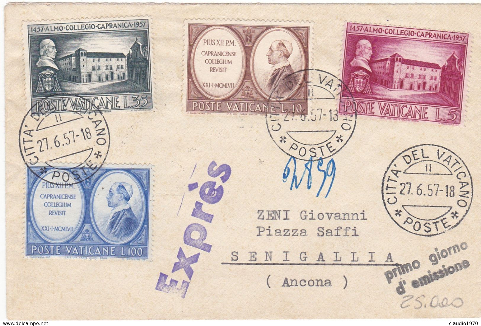 CITTA' DEL VATICANO - ROMA - BUSTA EXPèS - VIAGGIATA PER SENIGALLIA (ANCONA) 1957 - Storia Postale