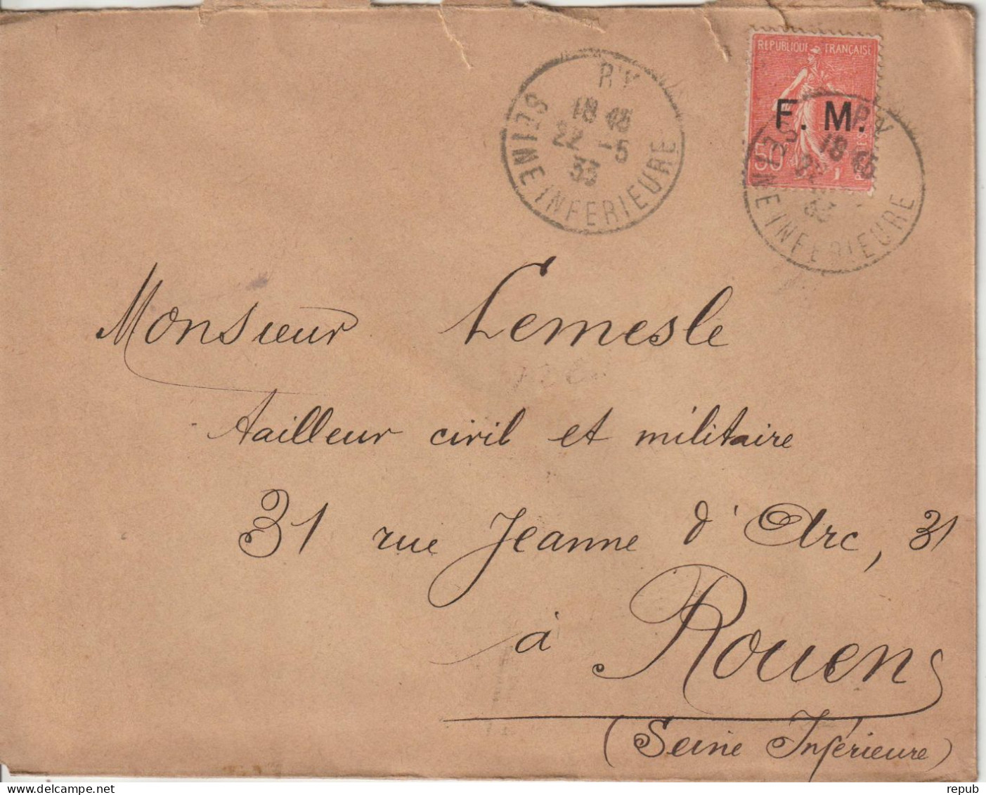Lettre En Franchise FM 6 Oblitération 1933 Ry (76) - Military Postage Stamps