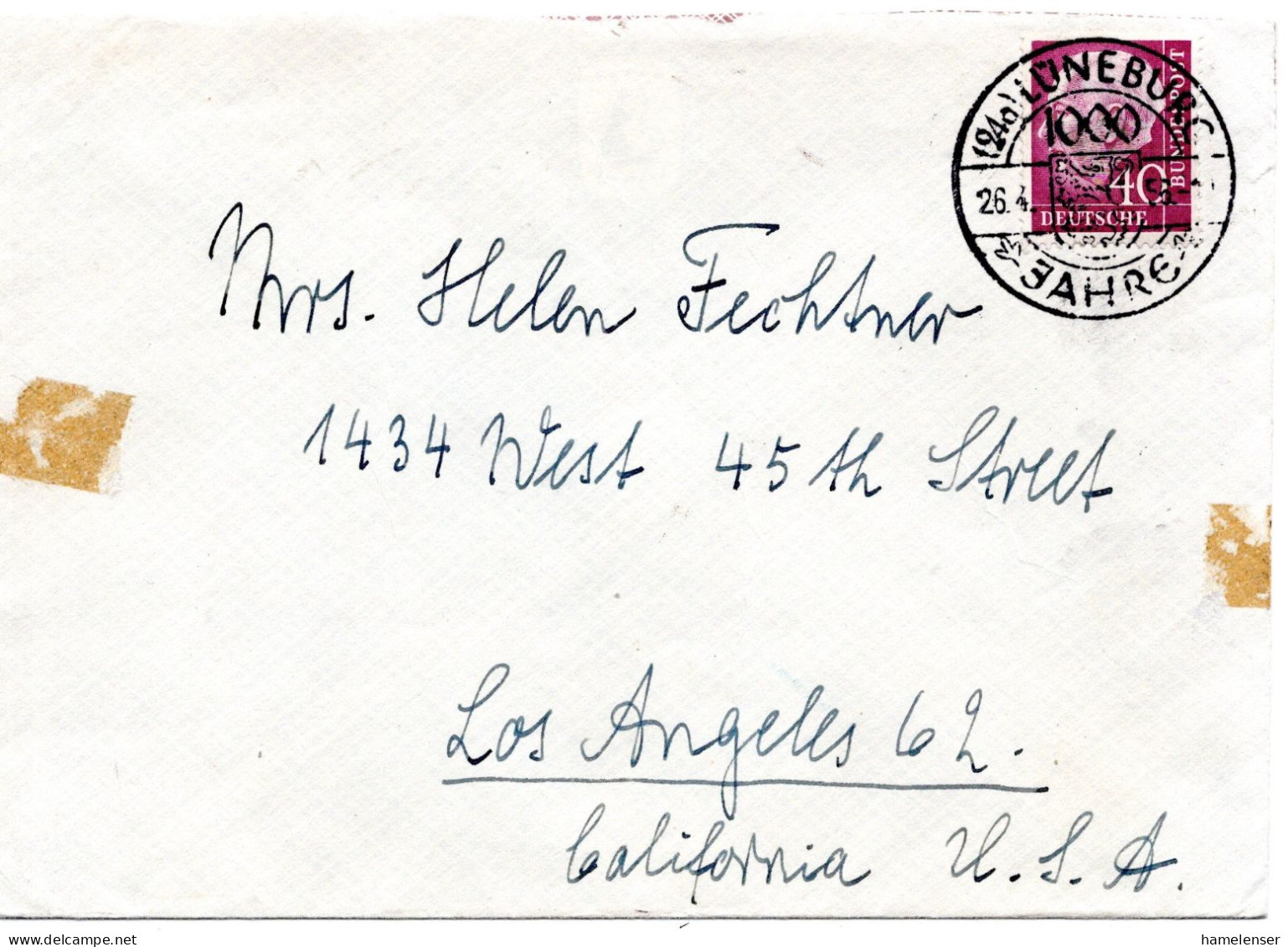 65043 - Bund - 1956 - 40Pfg Heuss I A Bf LUENEBURG - 1000 JAHRE -> Los Angeles, CA (USA) - Lettres & Documents