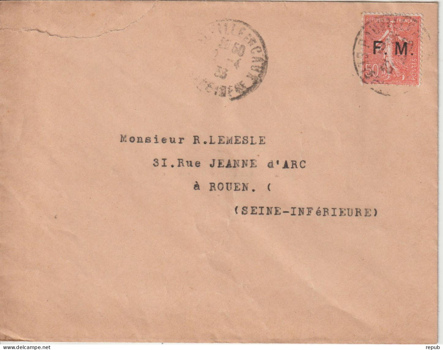 Lettre En Franchise FM 6 Oblitération 1933 Fauville En Caux (76) - Timbres De Franchise Militaire