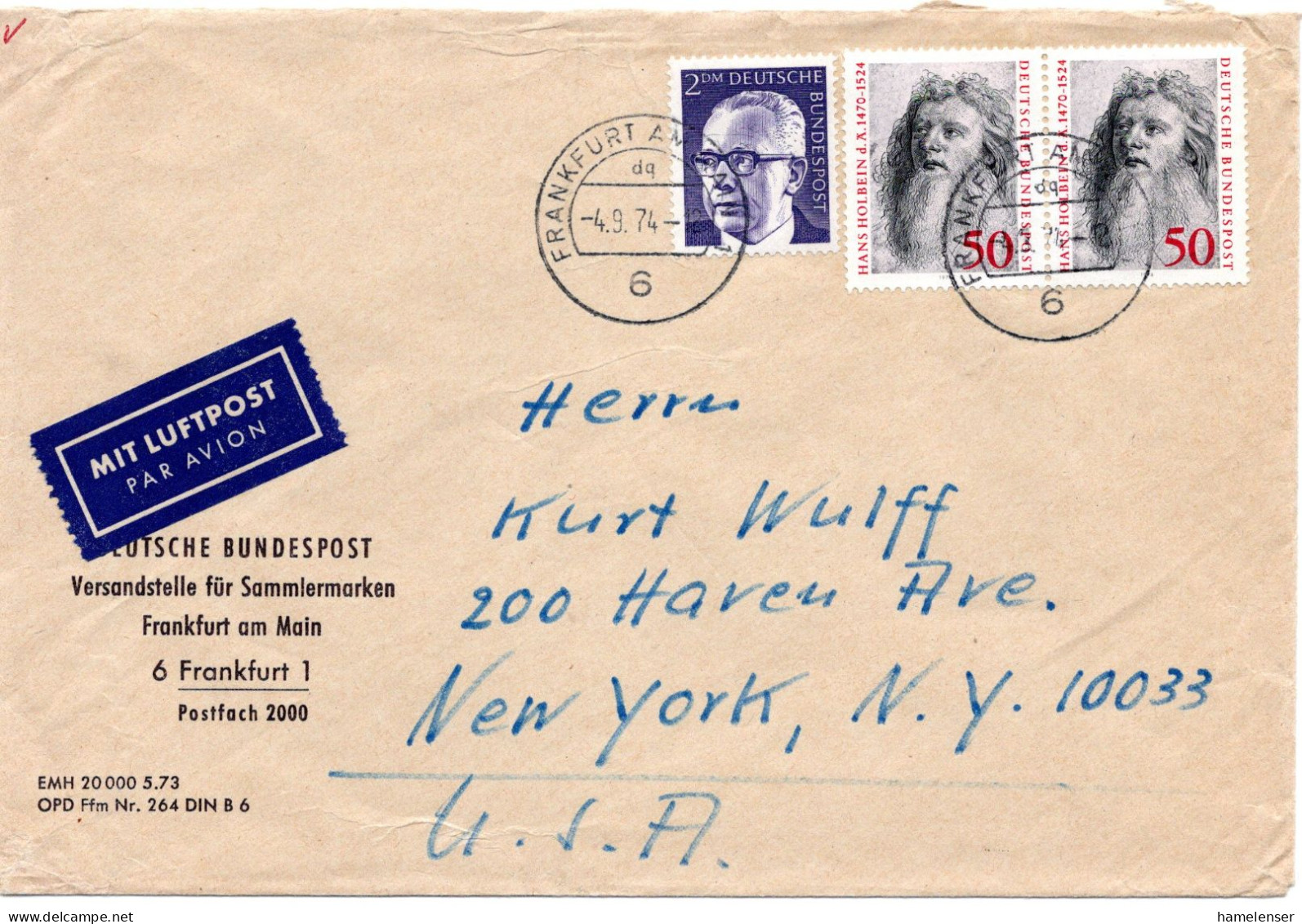 65044 - Bund - 1974 - 2DM Heinemann MiF A LpBf FRANKFURT -> New York, NY (USA) - Lettres & Documents