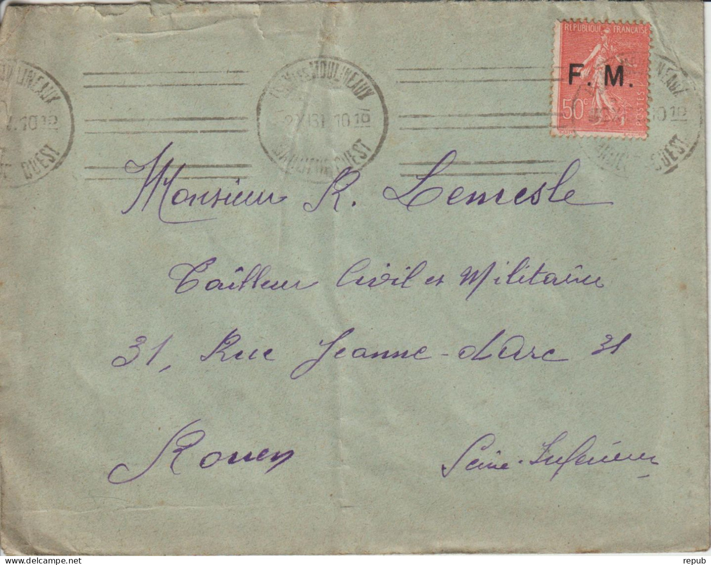 Lettre En Franchise FM 6 Oblitération 1931 Issy Les Moulineaux - Timbres De Franchise Militaire