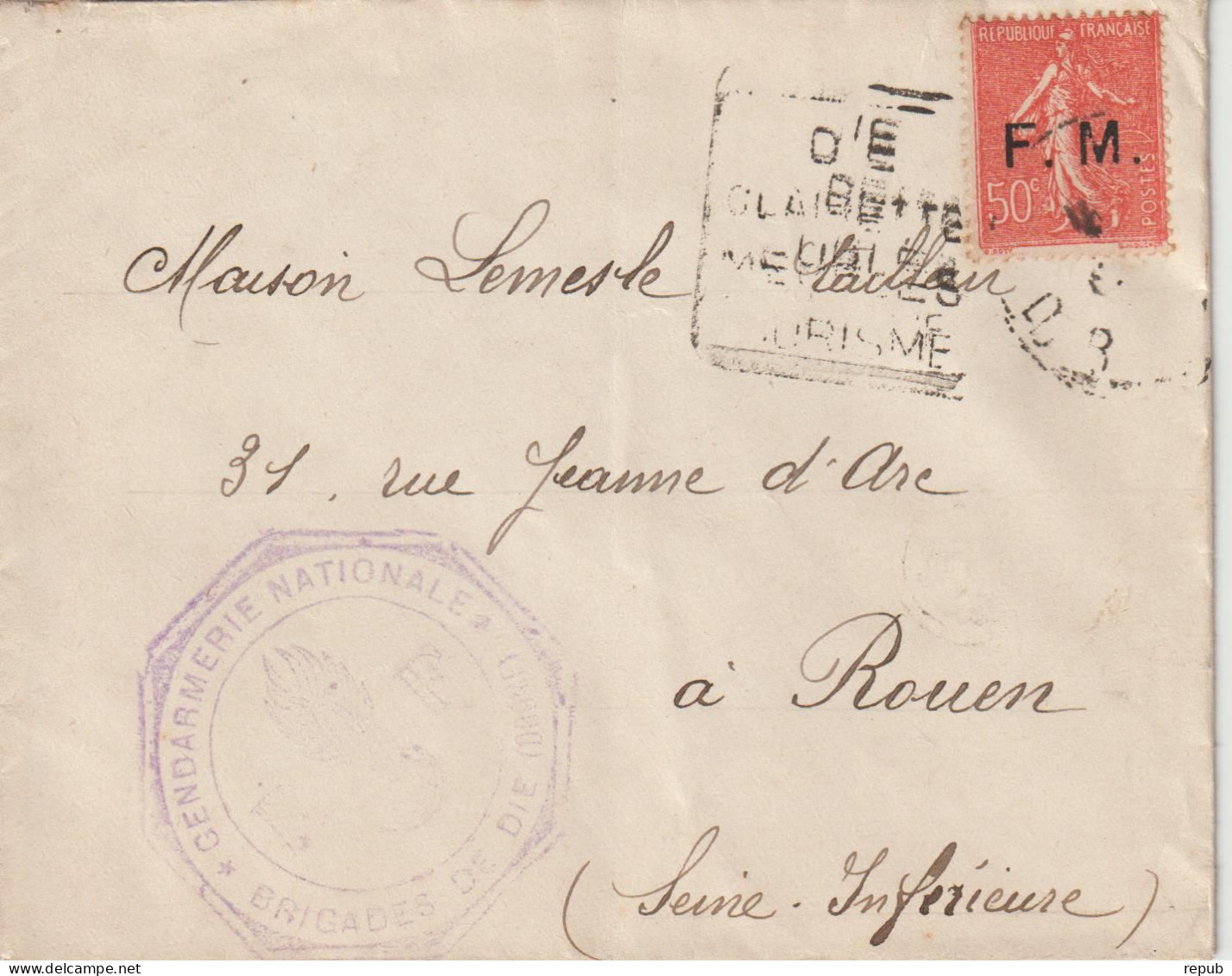 Lettre En Franchise Gendarmerie FM 6 Oblitération 193? Die - Military Postage Stamps