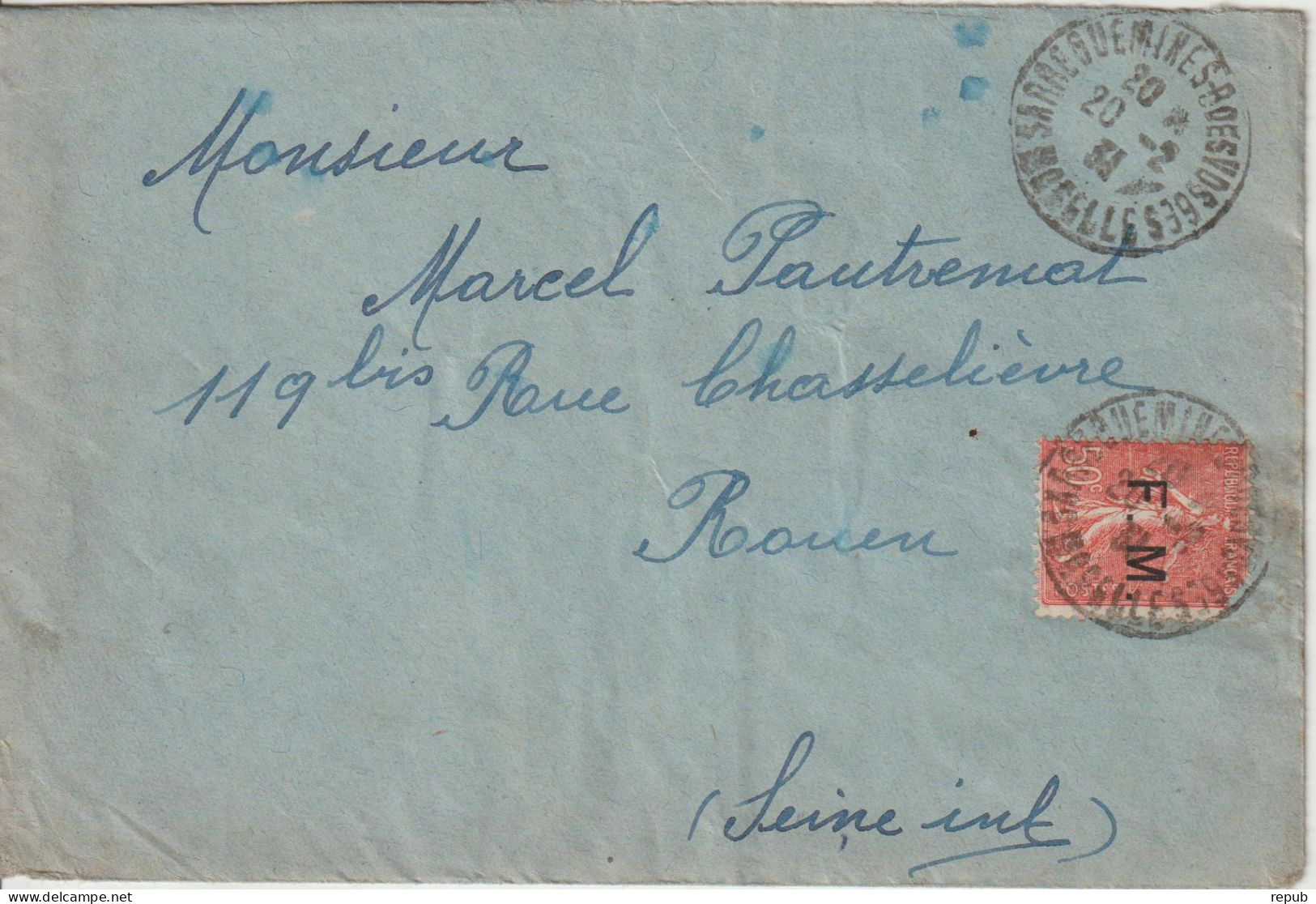Lettre En Franchise FM 6 Oblitération 1931 Sarreguemines Avec Vignette Au Verso - Military Postage Stamps