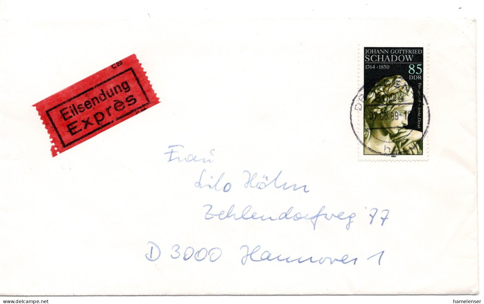 65048 - DDR - 1989 - 85Pfg Schadow EF A EilBf DRESDEN -> HANNOVER - Lettres & Documents