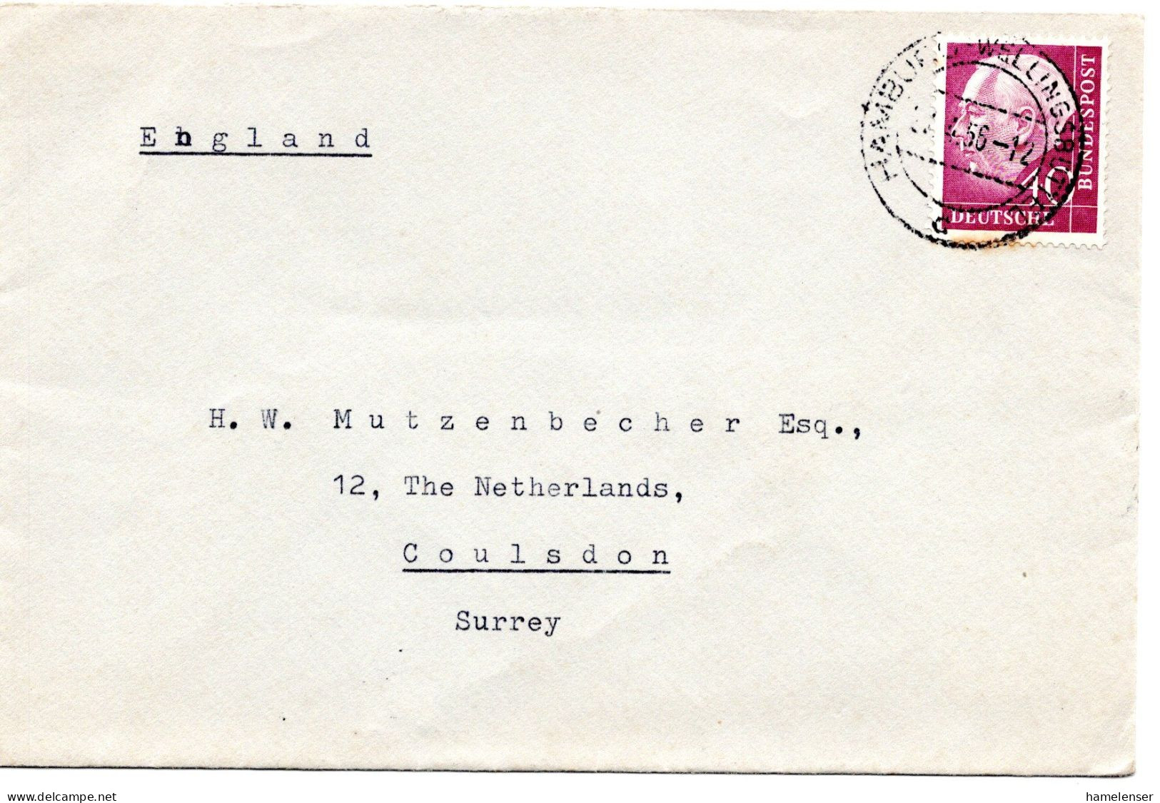 65057 - Bund - 1955 - 40Pfg Heuss I EF A Bf HAMBURG -> Grossbritannien - Briefe U. Dokumente