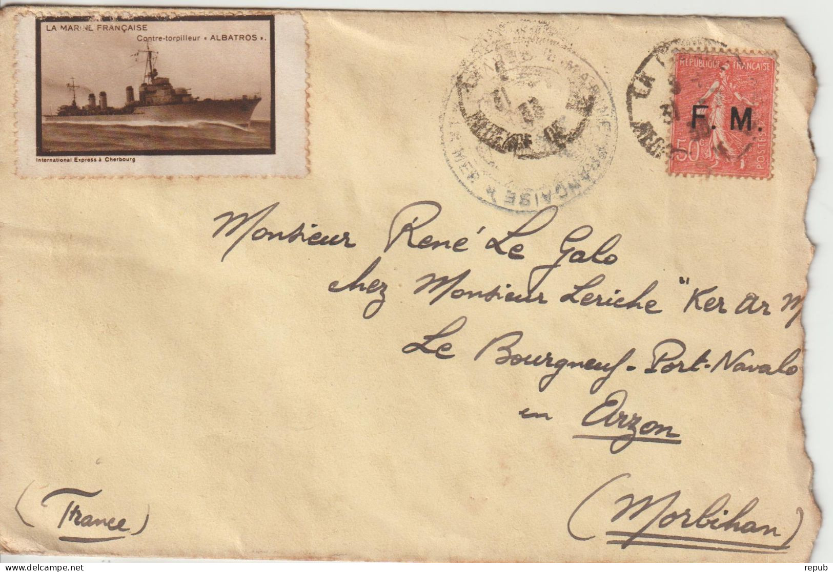 Lettre En Franchise FM 6 Marine Oblitération 1933 Avec Vignette Bateau Albatros - Timbres De Franchise Militaire