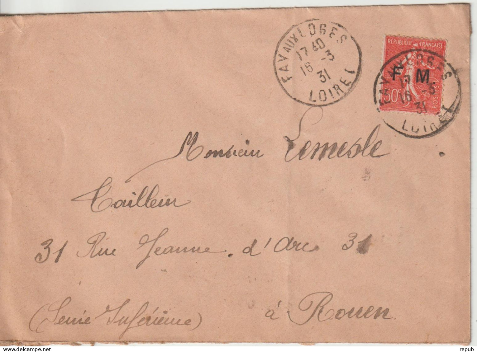 Lettre En Franchise FM 6 Oblitération 1931 Fay Aux Loges (45) - Francobolli  Di Franchigia Militare