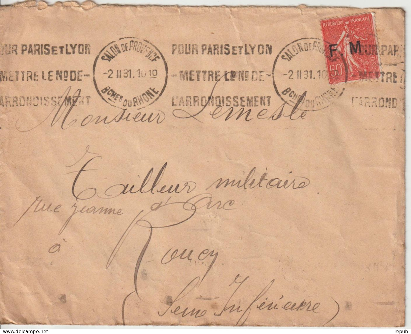 Lettre En Franchise FM 6 Oblitération 1931 Salon De Provence - Timbres De Franchise Militaire