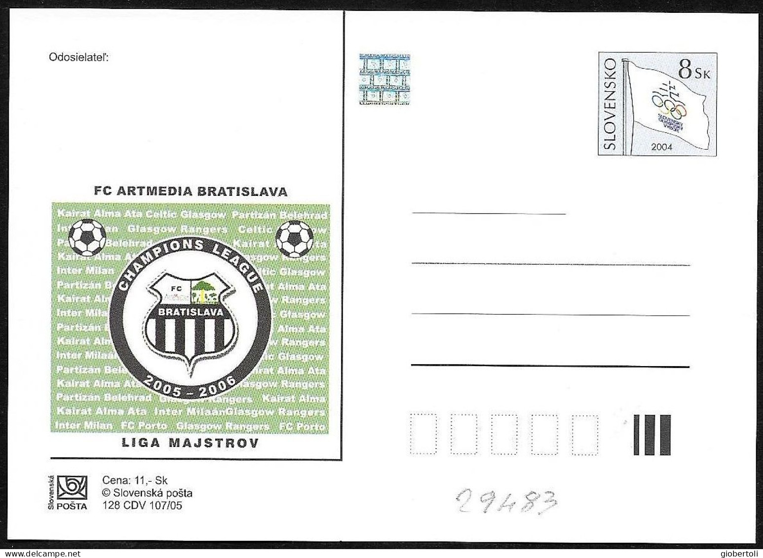 Slovacchia/Slovakia/Slovaquie: Intero, Stationery, Entier, "FC Artmedia Bratislava" - Clubs Mythiques