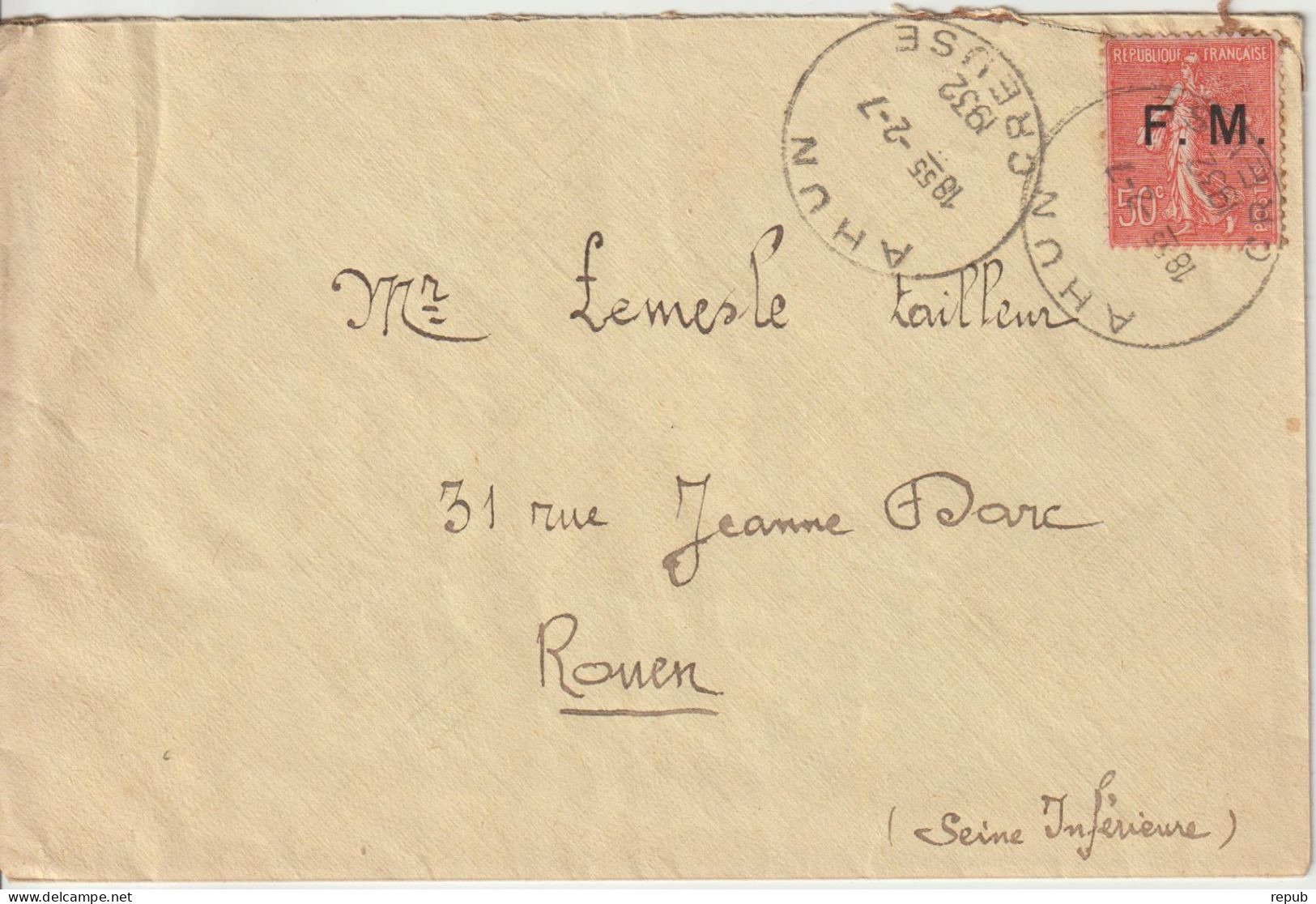 Lettre En Franchise FM 6 Oblitération 1932 Ahun (23) - Timbres De Franchise Militaire