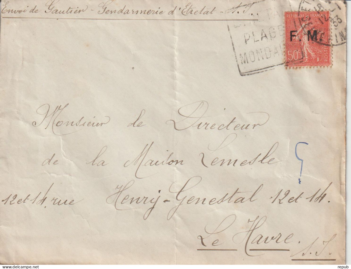 Lettre En Franchise FM 6 Oblitération 1933 Etretat (76) - Militärische Franchisemarken