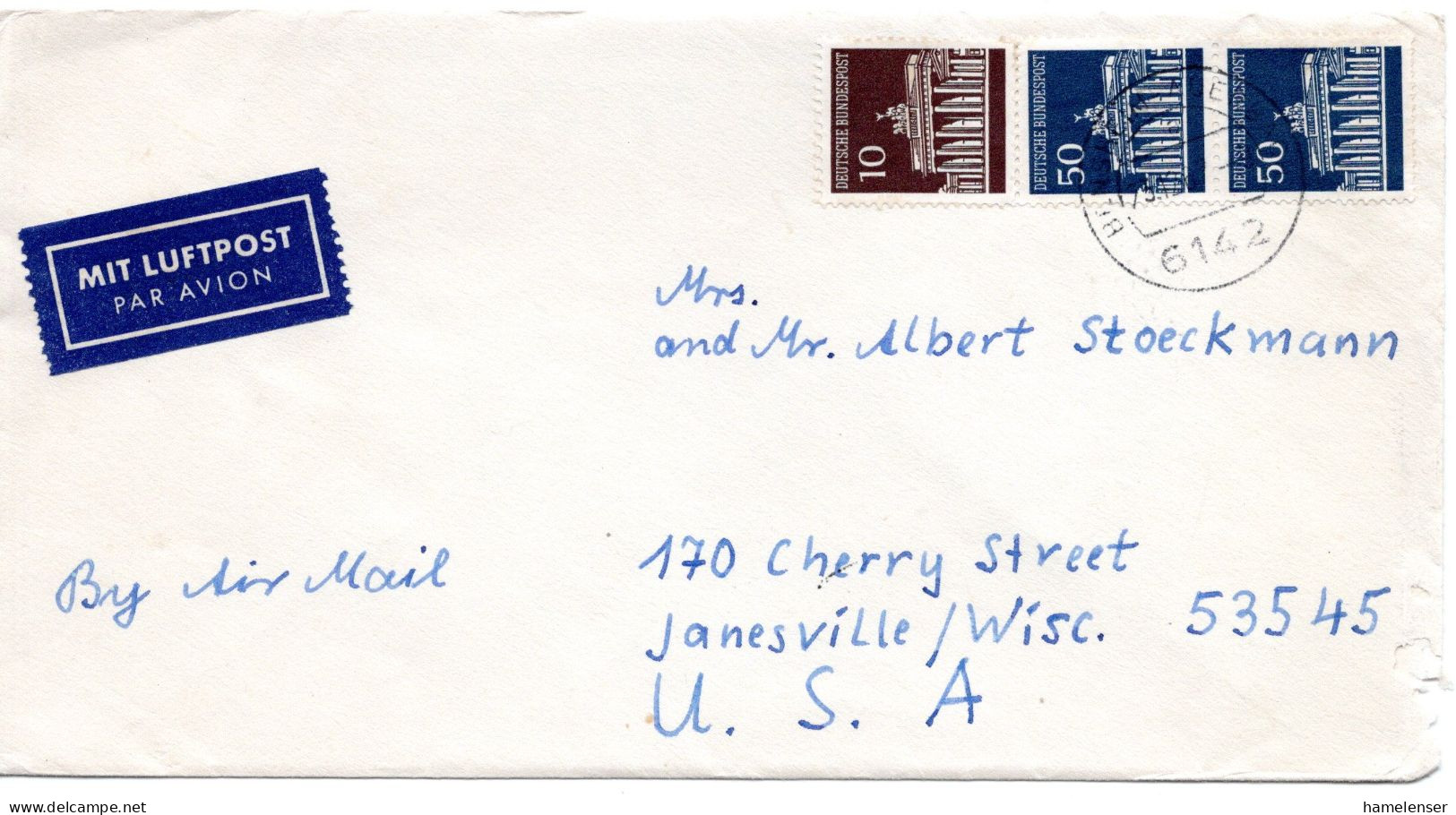 65064 - Bund - 1969 - 2@50Pfg Brandenburger Tor MiF A LpBf BENSHEIM -> Janesville, WI (USA) - Lettres & Documents