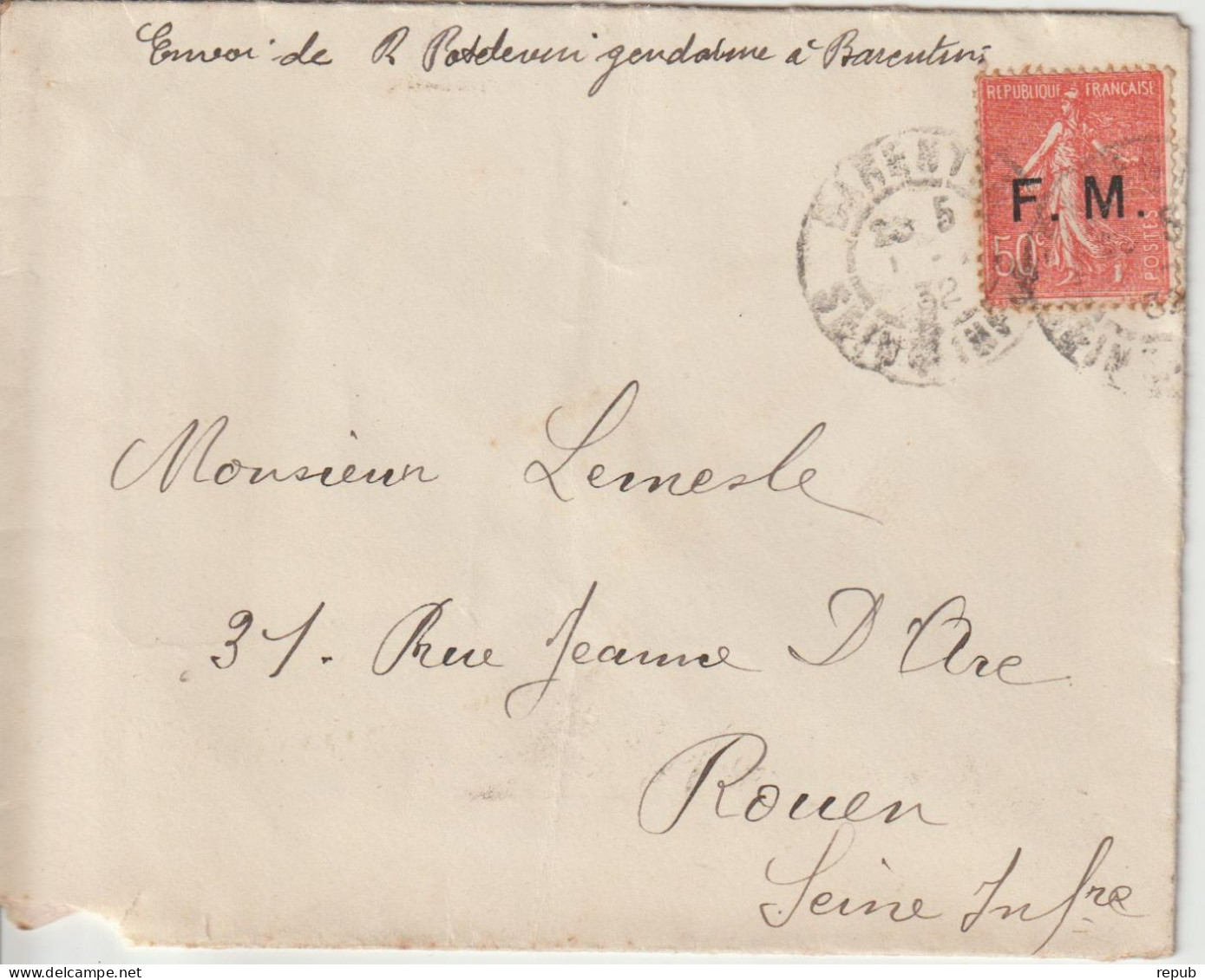 Lettre En Franchise FM 6 Oblitération 1932 Barentin (76) - Military Postage Stamps