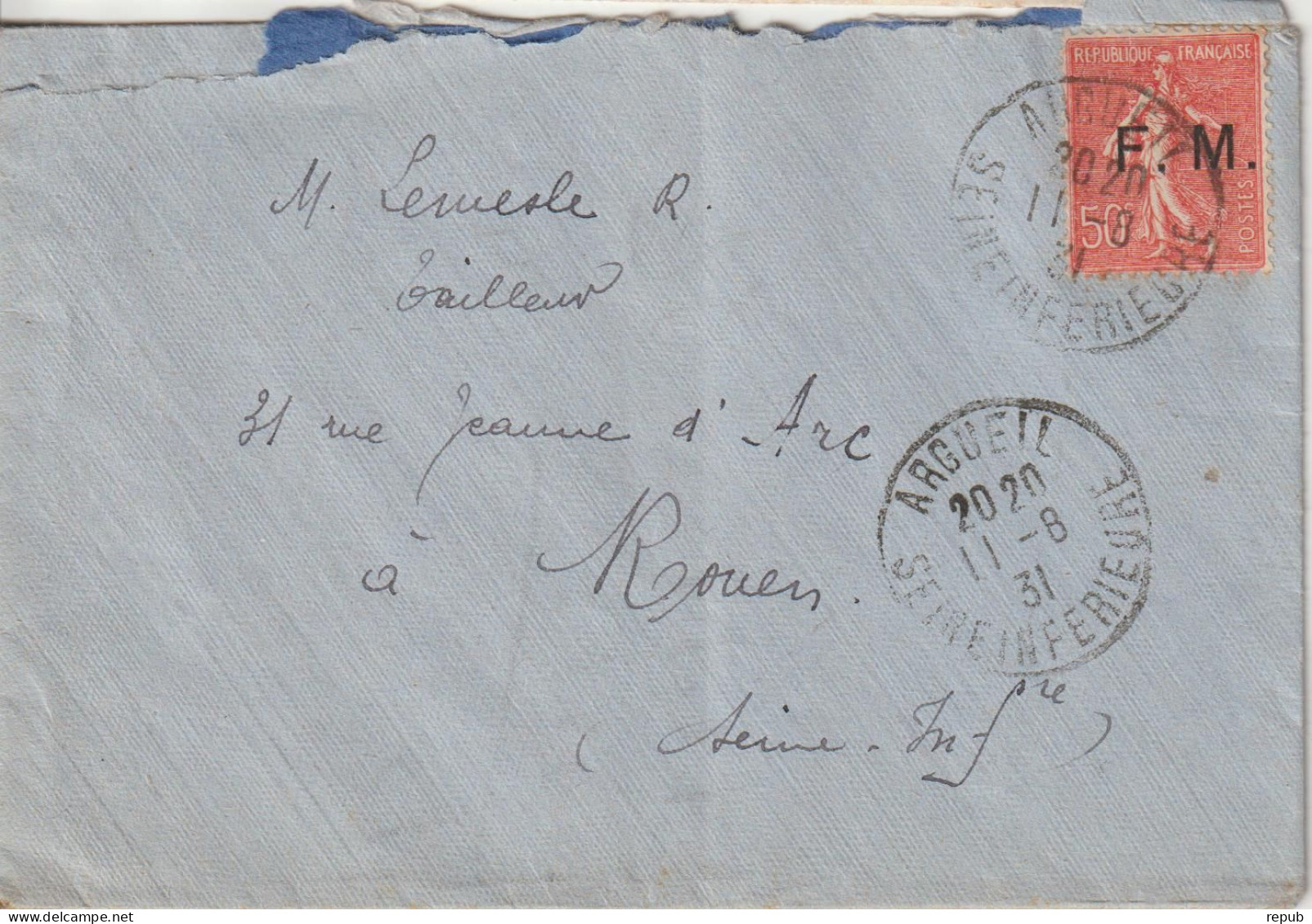 Lettre En Franchise FM 6 Oblitération 1932 Argueuil (76) - Military Postage Stamps