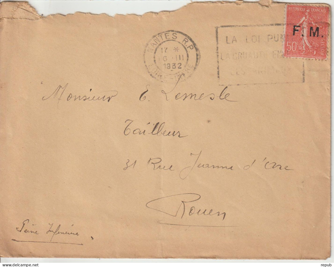 Lettre En Franchise FM 6 Oblitération 1932 Nantes - Timbres De Franchise Militaire