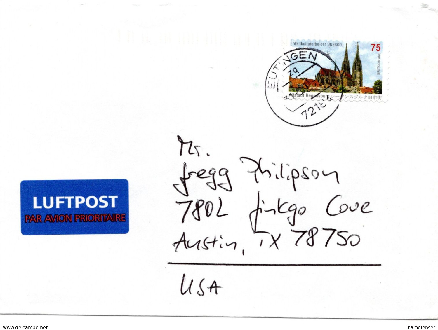 65065 - Bund - 2011 - 75c Weltkulturerbe EF A LpBf EUTINGEN -> Austin, TX (USA) - Cartas & Documentos