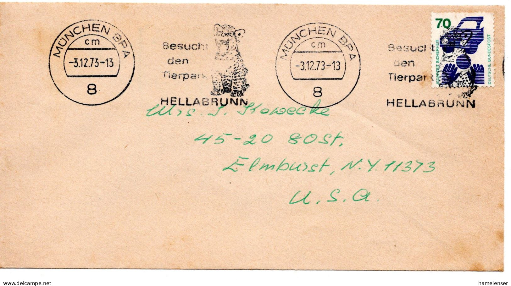 65068 - Bund - 1973 - 70Pfg Unfall EF A Bf MUENCHEN - ... -> Elmhurst, NY (USA) - Lettres & Documents